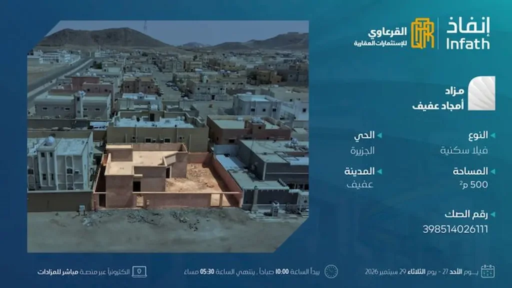 مزاد أمجاد عفيف 2026.. 5 فرص عقارية سكنية في عفيف ورويضة العرض من 27 إلى 29 سبتمبر 2026